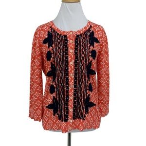 Anthro Tabitha Coral & Blue Embroidered Cardigan Sweater Medium
